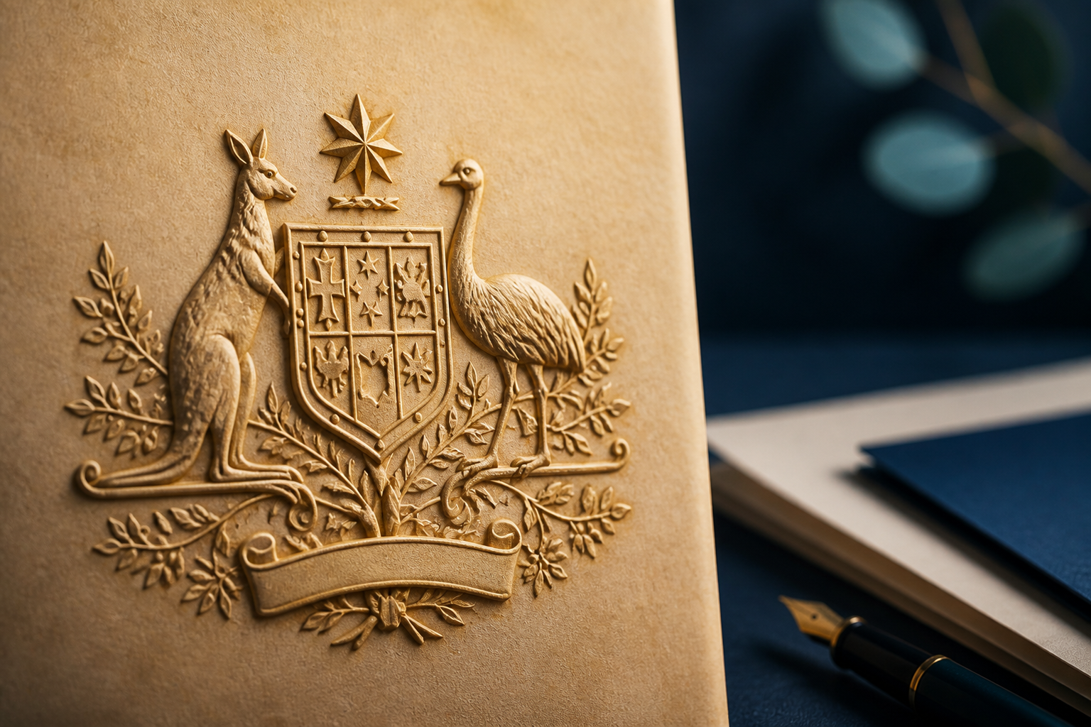 Detalle institucional inspirado en el escudo australiano y documentos legales