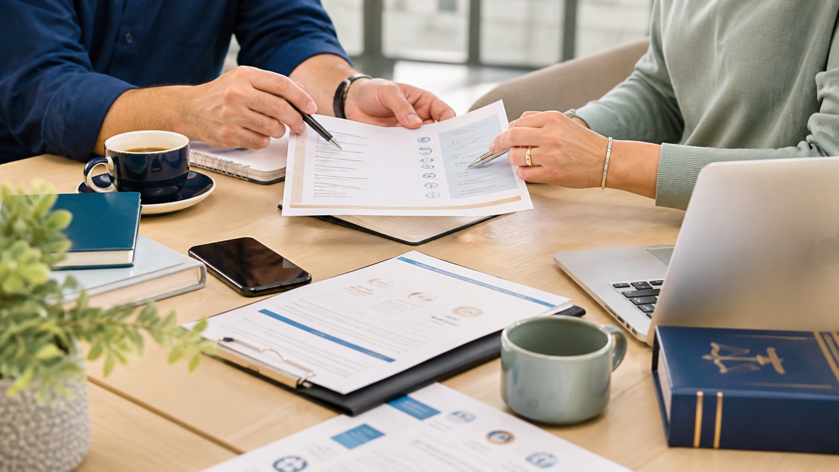 Personas revisando documentos legales y checklists